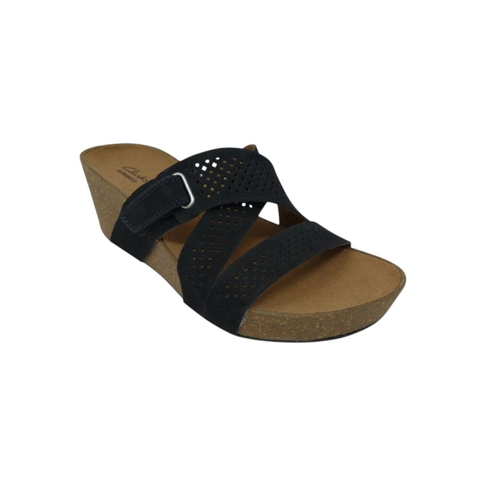 Clarks Auriel Bright Black Open Toe Wedge Sandals Women's Size 9M